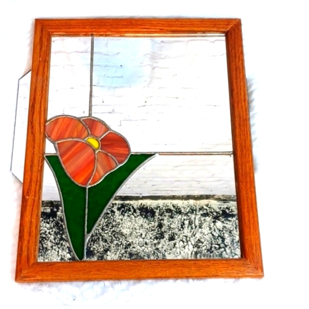 Wooden Vintage  Flower Stained Glass Mirror